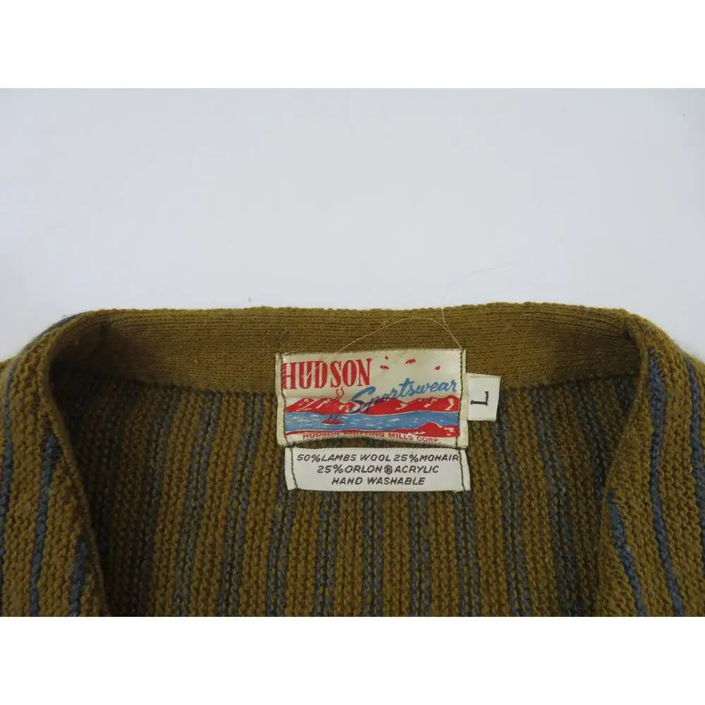 Hudson Sportswear Cardigan Sweater, Wool-Mohair, Brown Blue Striped Sz L 1960s - Picture 3 of 4